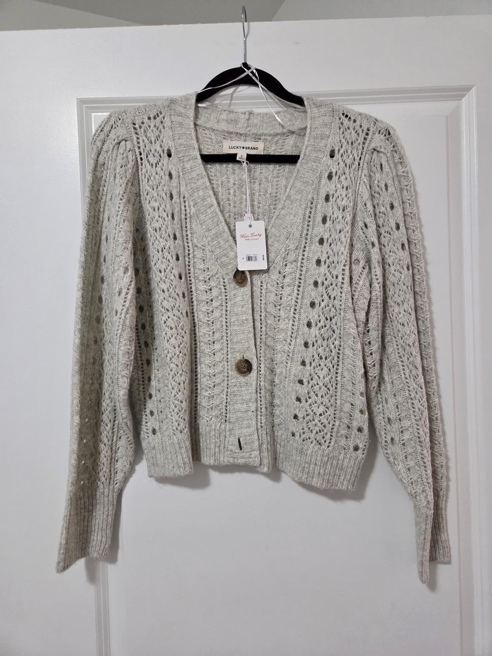 Lucky Brand Cream Openwork V‑Neck Button Cardigan